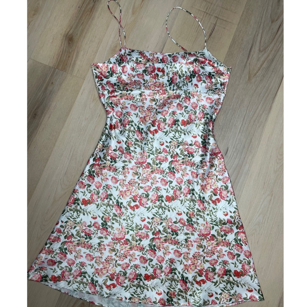 AQUA Floral Satin Slip Dress XS Pink Red Rose Print Ruched Mini Spaghetti Strap - Picture 8 of 9